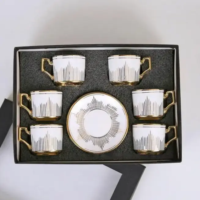 Luxury 12-Piece Porcelain Cup & Saucer Set – Elegant White with Gold Accents