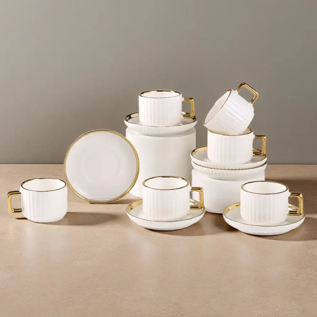 CERAMIC TEACUP & SAUCER 12PCS/SETGOLD RIM