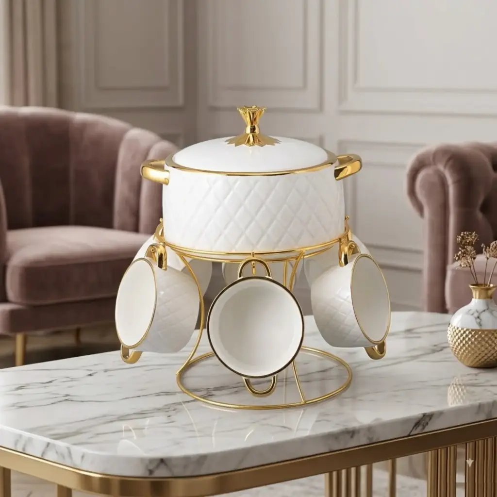 طقم قدر شوربة سيراميك مع أكواب وحامل
