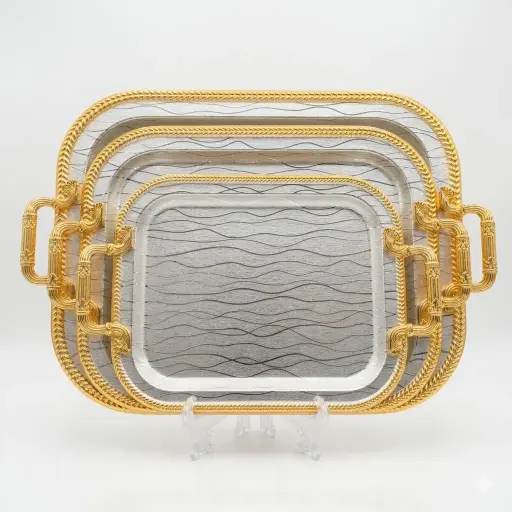 [2411169745004] TRAY GOLDEN SLIVER SQUARE 3PCS/SET