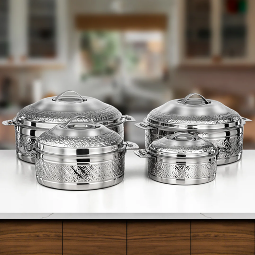 [3757602933638] Zahra Collection 4-Piece Engraved Hot Pot Set – Mirror Finish with Side Locks