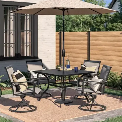 [4895238600889] Premium 5-Piece Outdoor Swivel Dining Set – Square Metal Table with 4 Swivel Armchairs