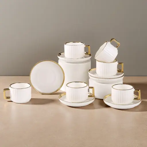 [6905454500035] CERAMIC TEACUP & SAUCER 12PCS/SETGOLD RIM